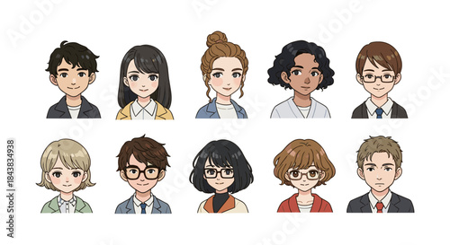 Diverse anime avatar set featuring male and female characters in various hairstyles and outfits