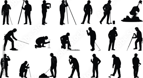Surveyor silhouettes, land surveying activity, tripod equipment, measuring tools, black illustration, fieldwork poses, engineering task, construction planning, geospatial work
