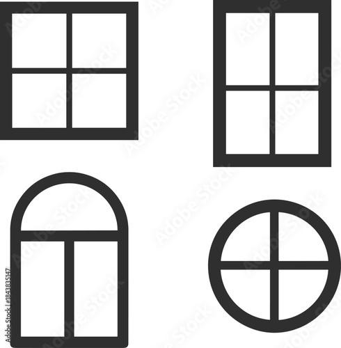 Window silhouette icons, square window, arched window, circular window, pane design, black illustration, architectural style, home design, interior element
