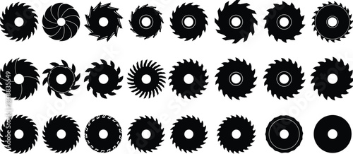 Circular Saw Blade Silhouette Vector Set, Industrial Power Tool Accessory, Woodworking, Metal Cutting, Construction Equipment, and Rotary Cutter Graphic.