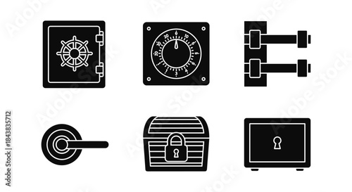 Secure icons set: safes, locks, and vaults in flat black design