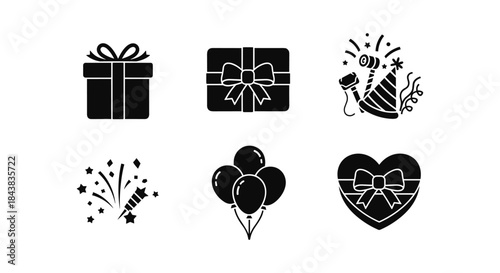 Celebration icons collection: gift boxes, balloons, and party elements in silhouette style