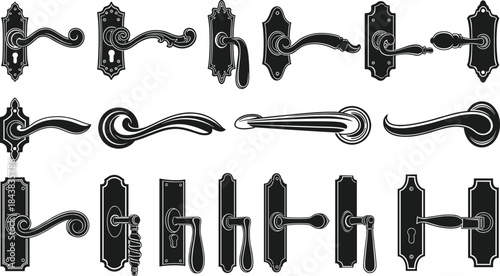 Antique and Vintage Door Handle Lever Silhouette Vector Set, Ornate Knob, Lock Plate, and Hardware Collection, Home Decoration, Interior Design Elements.
