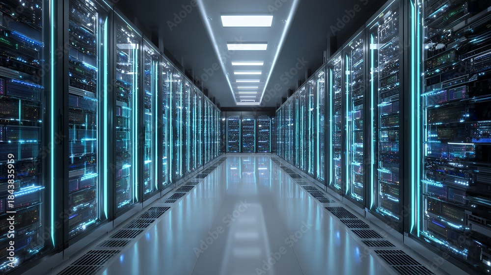 Fototapeta premium Efficient Cloud Data Center Infrastructure Cooling Systems Visualization. Futuristic Digital Servers, High-Tech Networking Architecture, Server Racks Corridor for Massive Data Storage 4K.