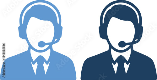 Two business people wearing headsets and microphones in blue shades