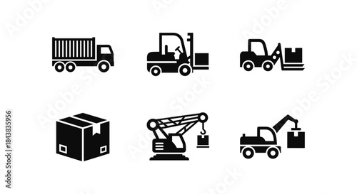 Collection of industrial silhouette icons featuring construction and transportation equipment