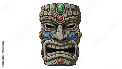 Cartoon tiki mask vector illustration, Hawaii totem face, stone tribal Aztec warrior head, isolated on white. Tropical maya native culture sculpture, primitive traditional art. Ritual tiki mask, jewel
