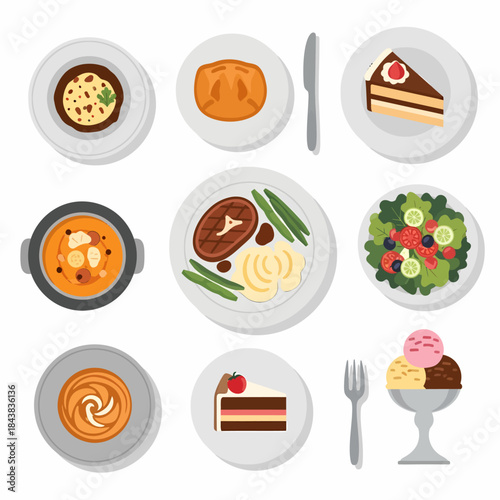 Una varietà di piatti e bevande, tra cui zuppe, portate principali, insalate, dolci e gelato, visti dall'alto.