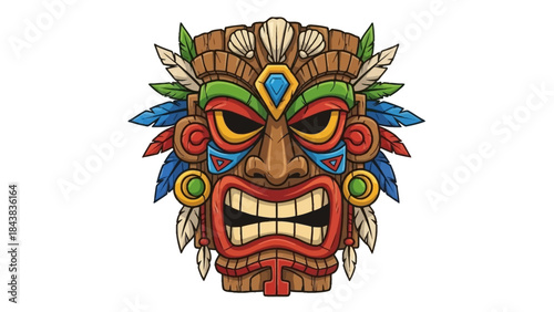 Cartoon tiki mask vector illustration, Hawaii totem face, stone tribal Aztec warrior head, isolated on white. Tropical maya native culture sculpture, primitive traditional art. Ritual tiki mask, jewel