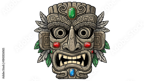 Cartoon tiki mask vector illustration, Hawaii totem face, stone tribal Aztec warrior head, isolated on white. Tropical maya native culture sculpture, primitive traditional art. Ritual tiki mask, jewel