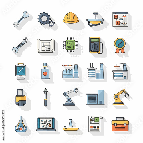 Set di icone dettagliate che rappresentano vari aspetti dell'industria, dell'ingegneria e della tecnologia moderna, con strumenti, fabbriche e robot.