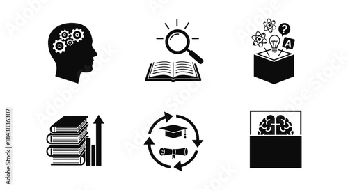 Education and learning silhouettes featuring books, brain, and academic symbols