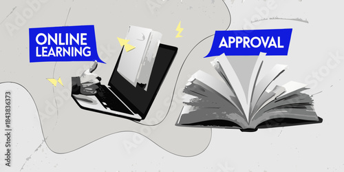 Open book and laptop with online learning and approval banners displayed