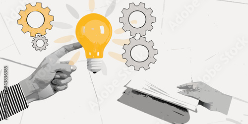 A hand pointing to a glowing light bulb surrounded by mechanical gears