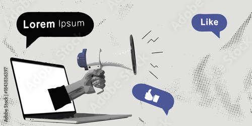 A hand emerging from a laptop broadcasting a speech bubble and social like