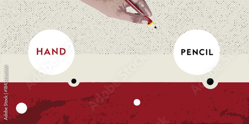 A hand holding a pencil poised above a textured surface with speech bubbles