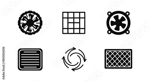 Set of six black and white linear icons of grates and vents in geometric shapes