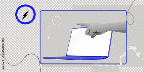 A hand pointing towards a blank laptop screen within a blue framed composition