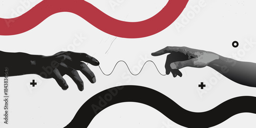 Reaching hands and abstract waveforms create a surreal connection in monochrome