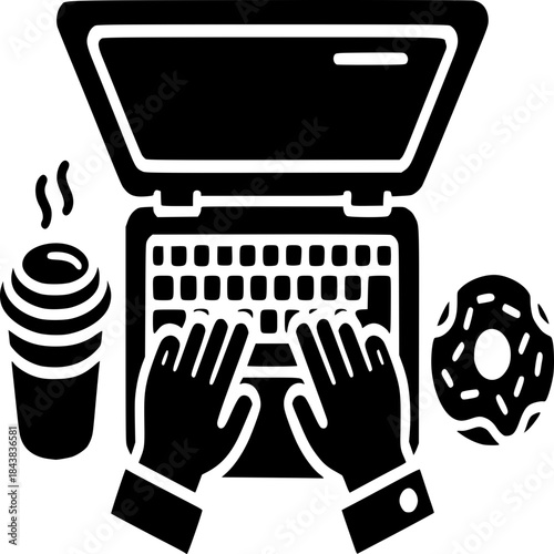 Productivity and Coffee Break: A digital workspace shows focused work session and a comforting coffee and a donut