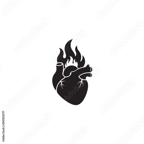 Burning Heart Silhouette with Flames on White Background