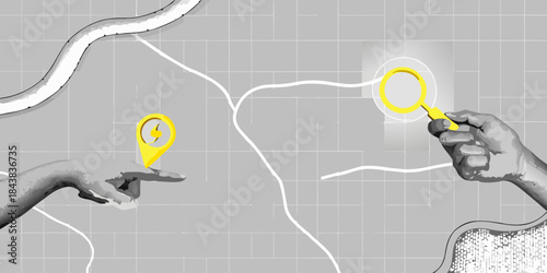 Hands interacting with a map and magnifying glass searching for location