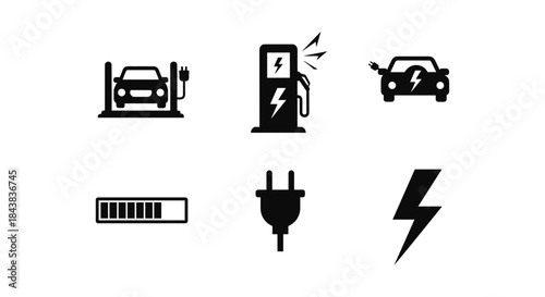 Electric vehicle icons set with charging station and electric symbols in black and white