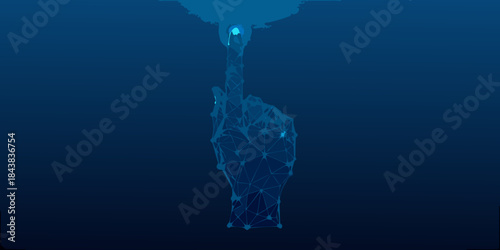A digital hand formed from glowing blue polygonal lines against a dark backdrop