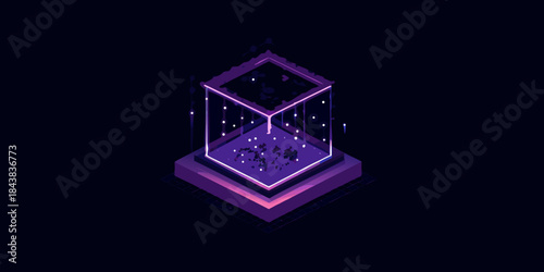 Isometric display case containing a miniature galaxy glowing with vibrant purple hues