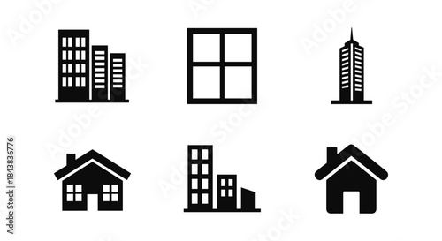 Minimalist black icons of buildings and houses