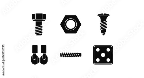 Silhouette of hardware elements: bolts, screws, nuts, and hinges set