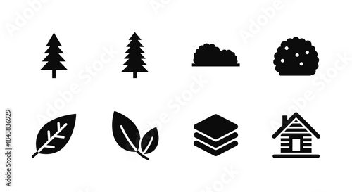 Minimalist nature icons set: trees, bushes, leaves, and cabin