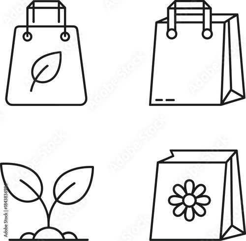 Eco-Friendly Paper Bag and Sprouting Plant Outline Vector Set, Sustainable Shopping, Gardening, Packaging, and Renewable Environment Icons.