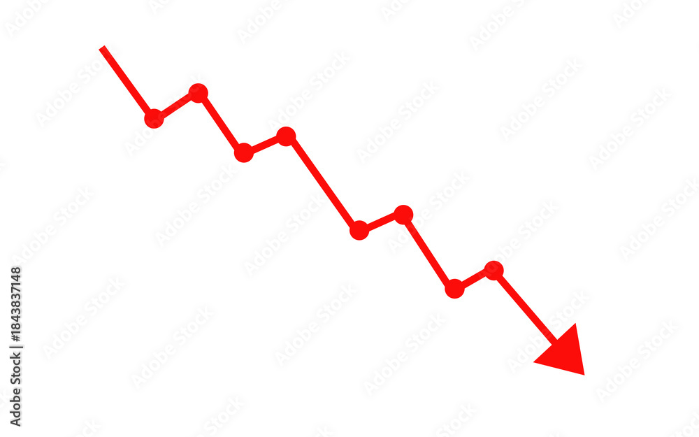 Obraz premium Red downward trend arrow. Declining graph and loss indicator concept. Negative growth symbol for finance business analytics and reports