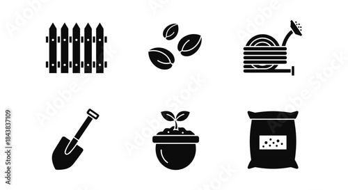 Gardening tools and supplies icons in black silhouette style