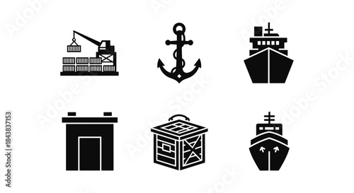 Silhouette icons of shipping and maritime elements for modern design projects