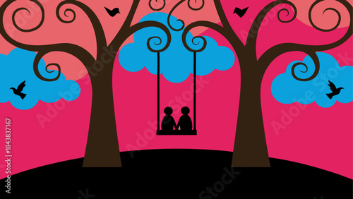 A romantic couple enjoying a swing ride between two whimsical trees under a colorful sky