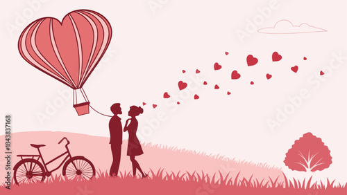 A couple silhouette illustration with a heart hot air balloon on a romantic evening