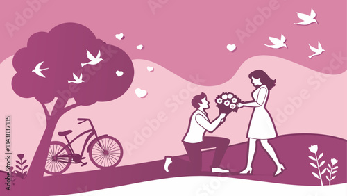 A romantic outdoor proposal illustration featuring a man on bended knee offering flowers to his partner