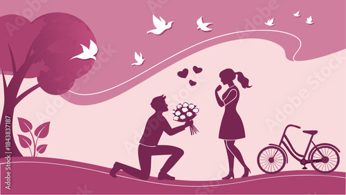 A romantic man proposing to his partner with a bouquet of flowers in a park