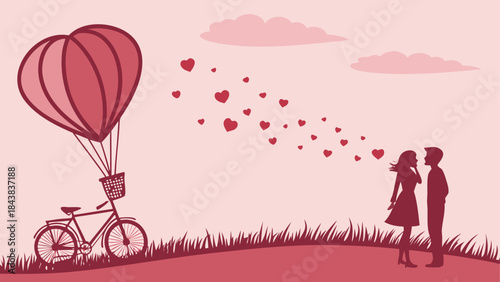 Romance and love: a minimalist illustration of a couple silhouetted with a heart-shaped hot air balloon bicycle