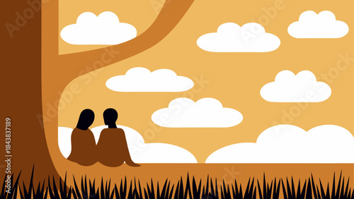 A couple sits peacefully under a large tree watching the white clouds in the sky