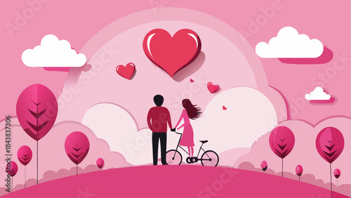 A loving couple enjoys a romantic moment with a bicycle against a pink, heart-filled landscape