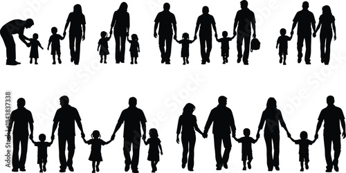 Diverse Family and Parents with Children Silhouette Vector Set, Walking People, Happy Childhood, Lifestyle, and Generational Relationship Graphic.