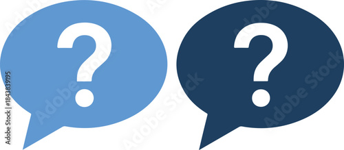 Two speech bubbles with question marks in shades of blue on blue background in different shades