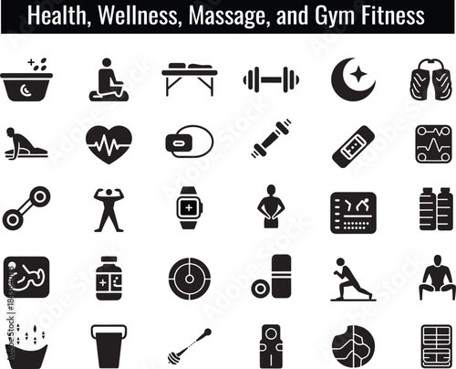 Black Silhouette Icon Set for Health, Wellness, Massage, and Gym Fitness
