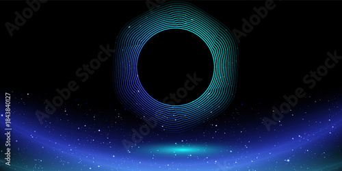 Abstract circle gold luxury background. Vector illustration element with gold wave line, glow neon light effect on dark, blue gradient color background. Graphic design for poster banner template