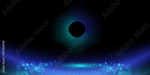 Abstract circle gold luxury background. Vector illustration element with gold wave line, glow neon light effect on dark, blue gradient color background. Graphic design for poster banner template