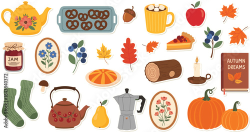  sticker illustration set, cozy items, pie, tea, jam, socks, book, pumpkin, fall leaves, seasonal decor, warm colors