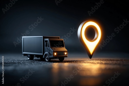Fototapeta Naklejka Na Ścianę i Meble -  Small delivery truck next to a location pin in a dimly lit environment at night